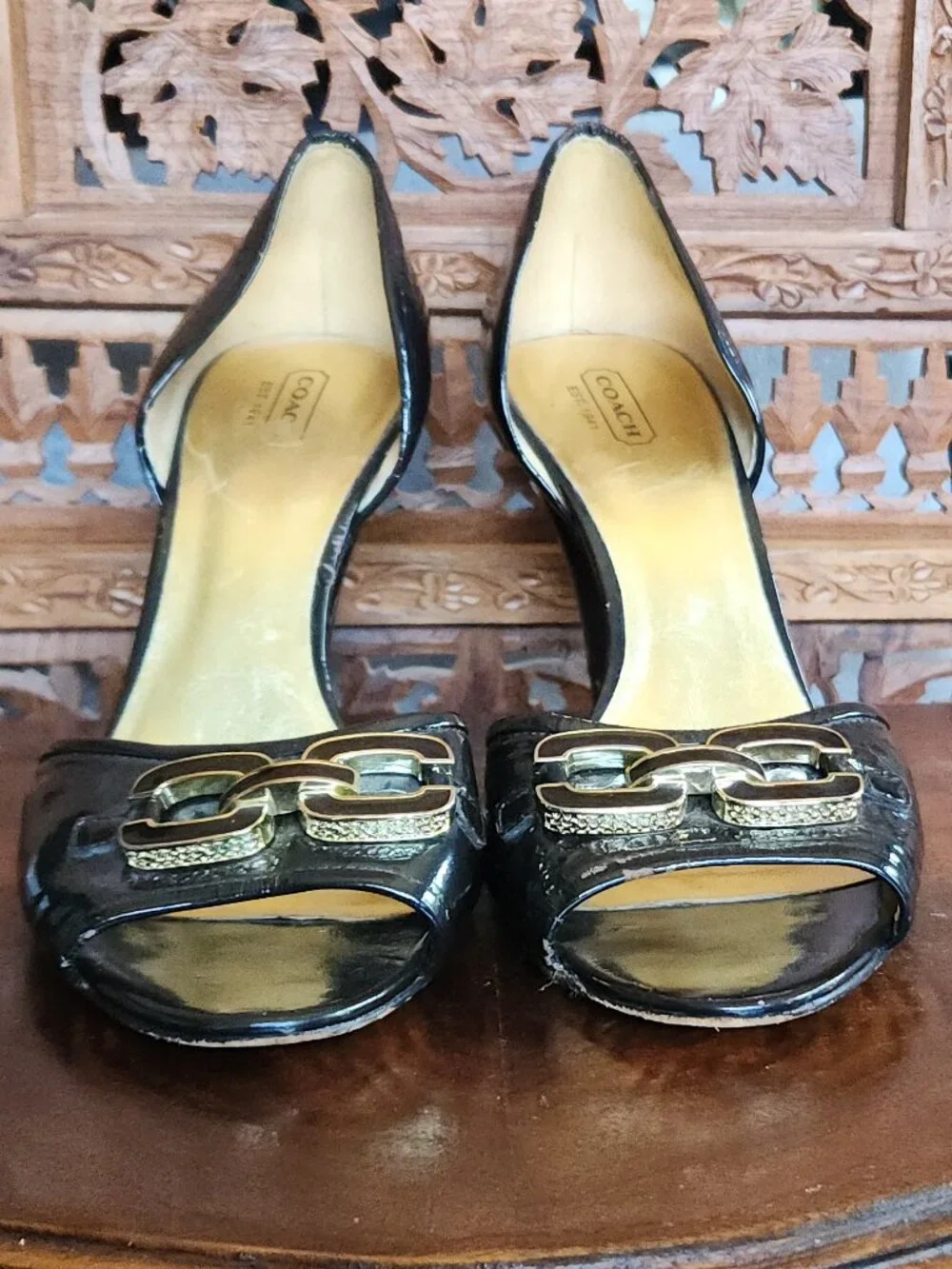 Coach Belinda Black Leather Heels with Gold Accents